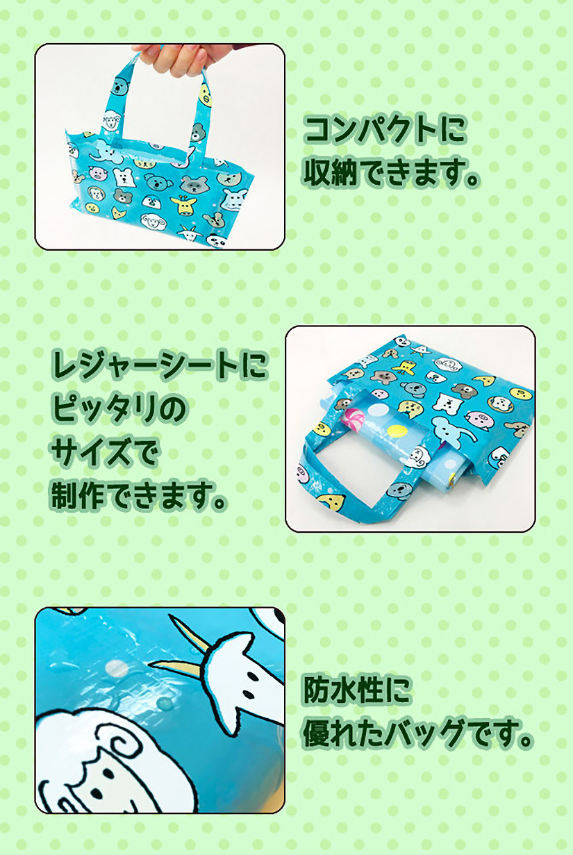 コンパクトに収納、レジャーシートにピッタリサイズ、防水性に優れたバッグです。